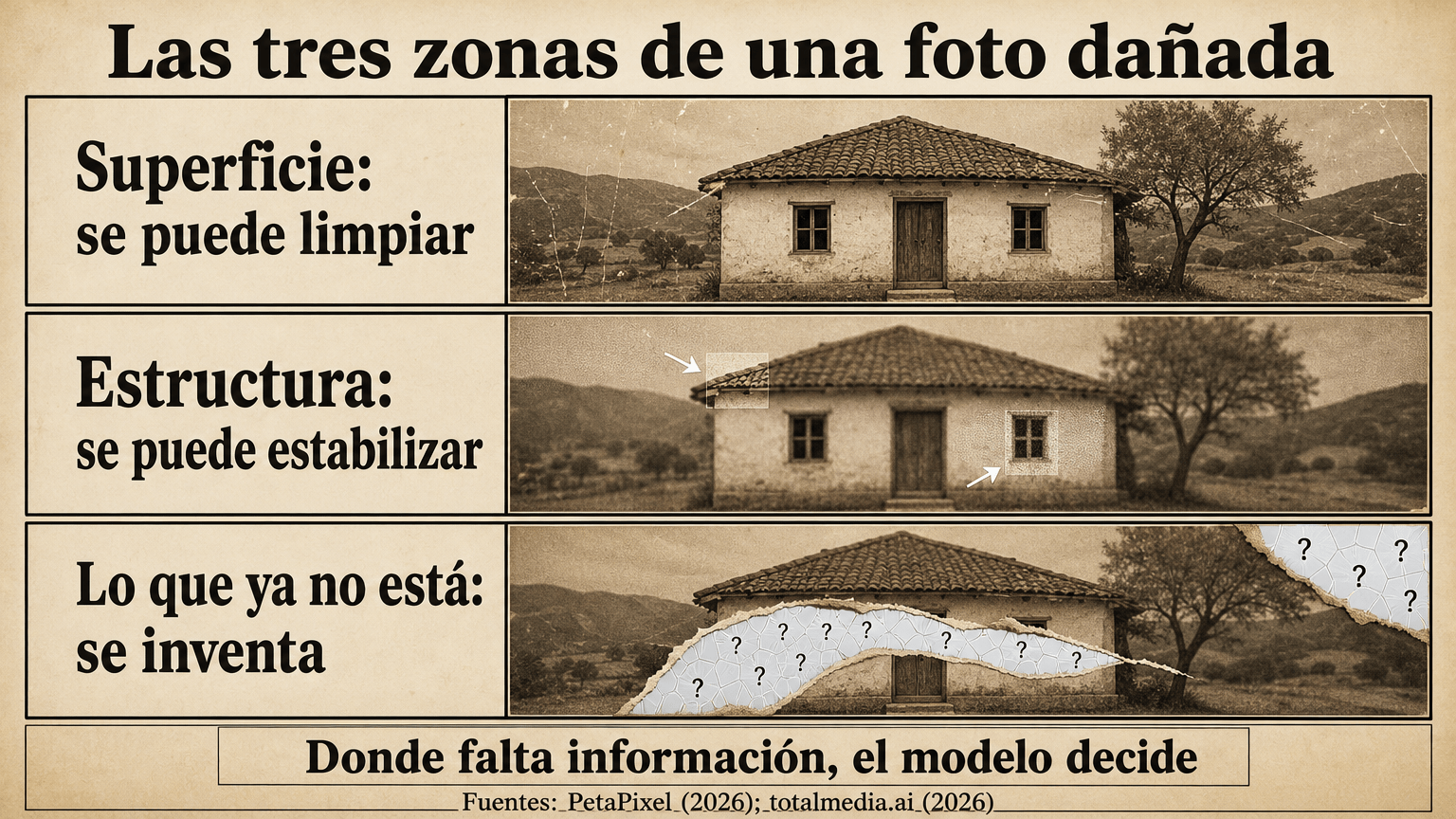 Infografía de tres paneles sobre una misma fotografía: la superficie que se puede limpiar, la estructura que se puede estabilizar y la zona donde falta información y el modelo la inventa.