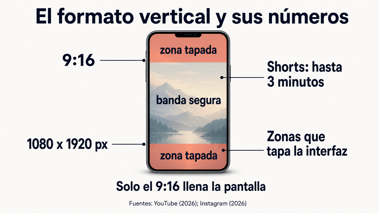 Infografía del formato vertical: un móvil con 9:16, 1080 × 1920 px y hasta 3 minutos en Shorts, con las bandas que tapa la interfaz y la banda segura en el centro.