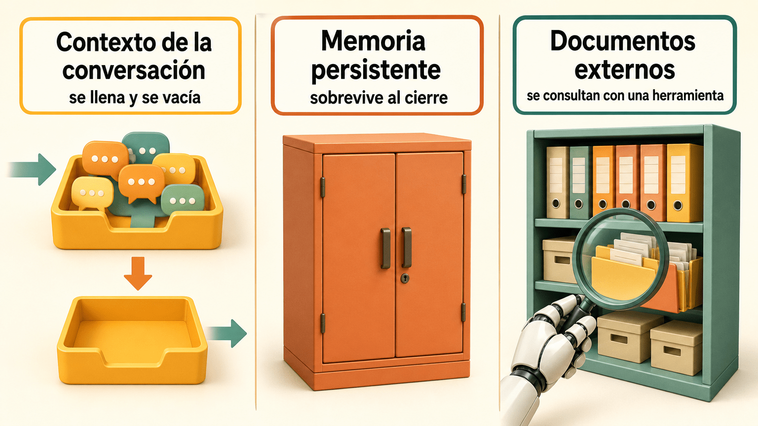 Diagrama comparativo de tres zonas: el contexto temporal que se llena y se vacía, la memoria persistente que sobrevive al cierre y los documentos externos que se consultan con una herramienta.