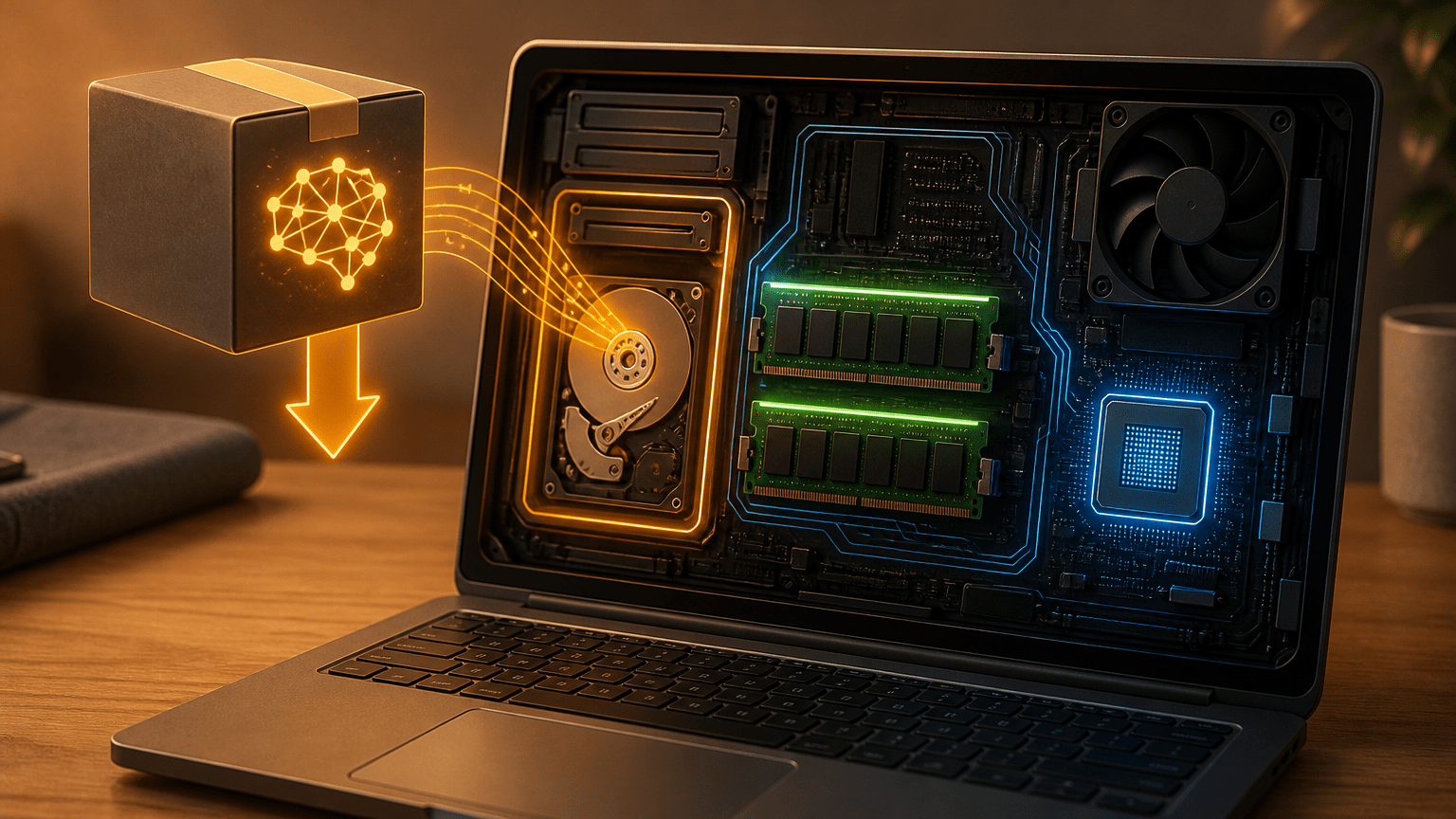 Modelo de inteligencia artificial descargado y almacenado dentro de un ordenador, con el almacenamiento, la memoria RAM y el procesador CPU/GPU representados visualmente.