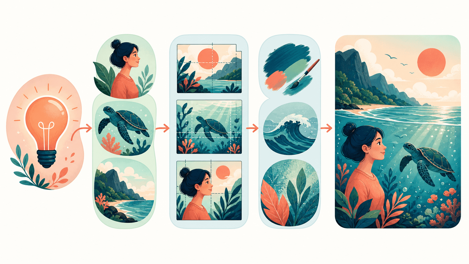 Recorrido visual desde una idea representada por una bombilla hasta una imagen revisada, pasando por el sujeto, la composición y el estilo.