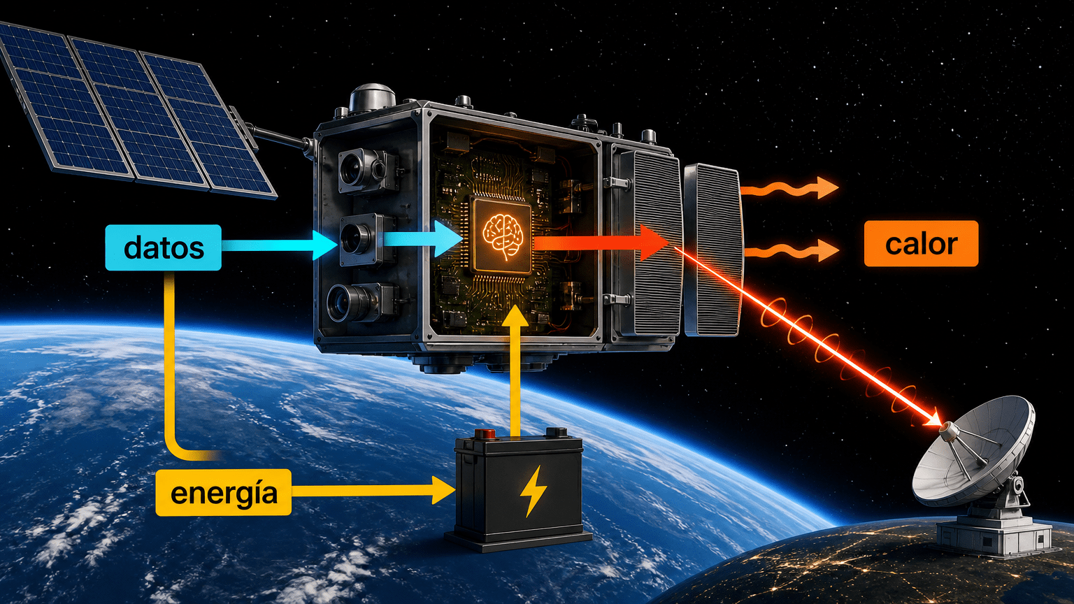 Diagrama educativo de un satélite que procesa datos en órbita y envía resultados reducidos a una estación terrestre mediante un enlace láser o radio; muestra panel solar, batería, radiadores y las etiquetas datos, energía y calor.