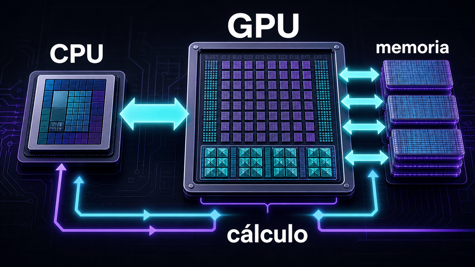 Diagrama educativo que compara una CPU y una GPU con Tensor Cores junto a pilas de memoria HBM, mostrando con flechas que mover datos entre cálculo y memoria es importante.