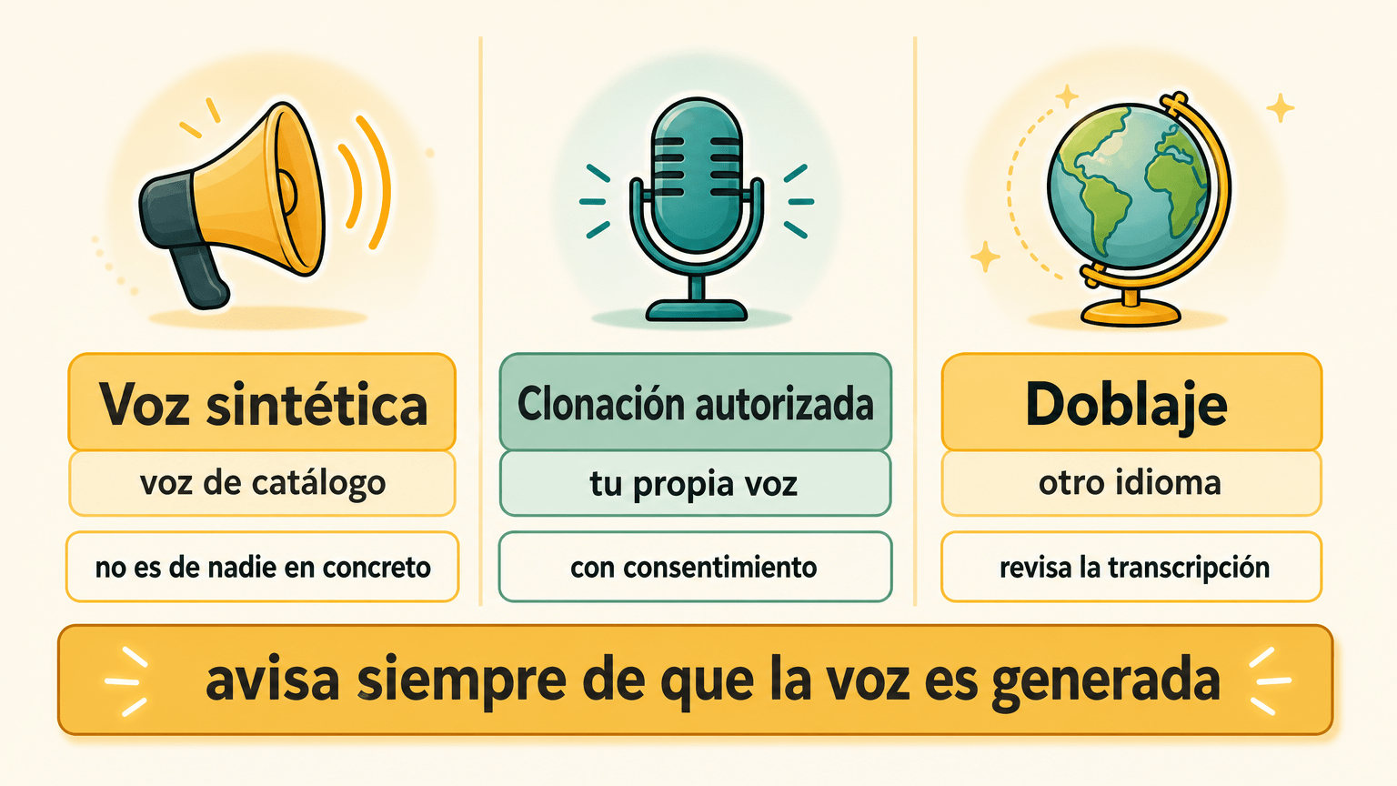 Ilustración didáctica con tres columnas —Voz sintética, Clonación autorizada y Doblaje— y el aviso «avisa siempre de que la voz es generada».