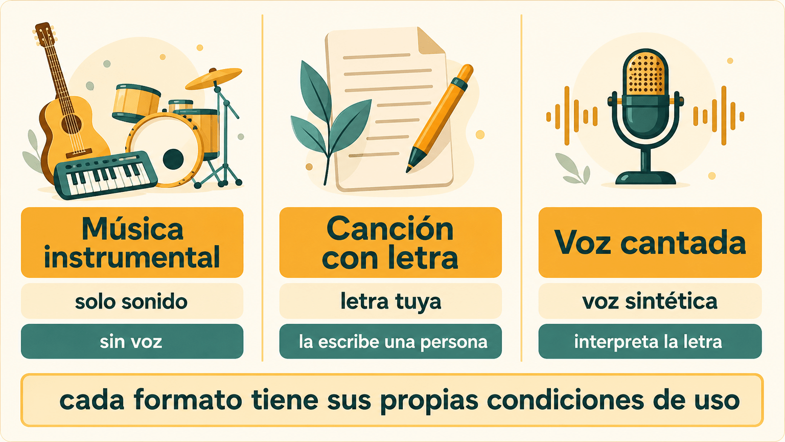 Ilustración didáctica con tres columnas —Música instrumental, Canción con letra y Voz cantada— y el aviso de que cada formato tiene sus propias condiciones de uso.