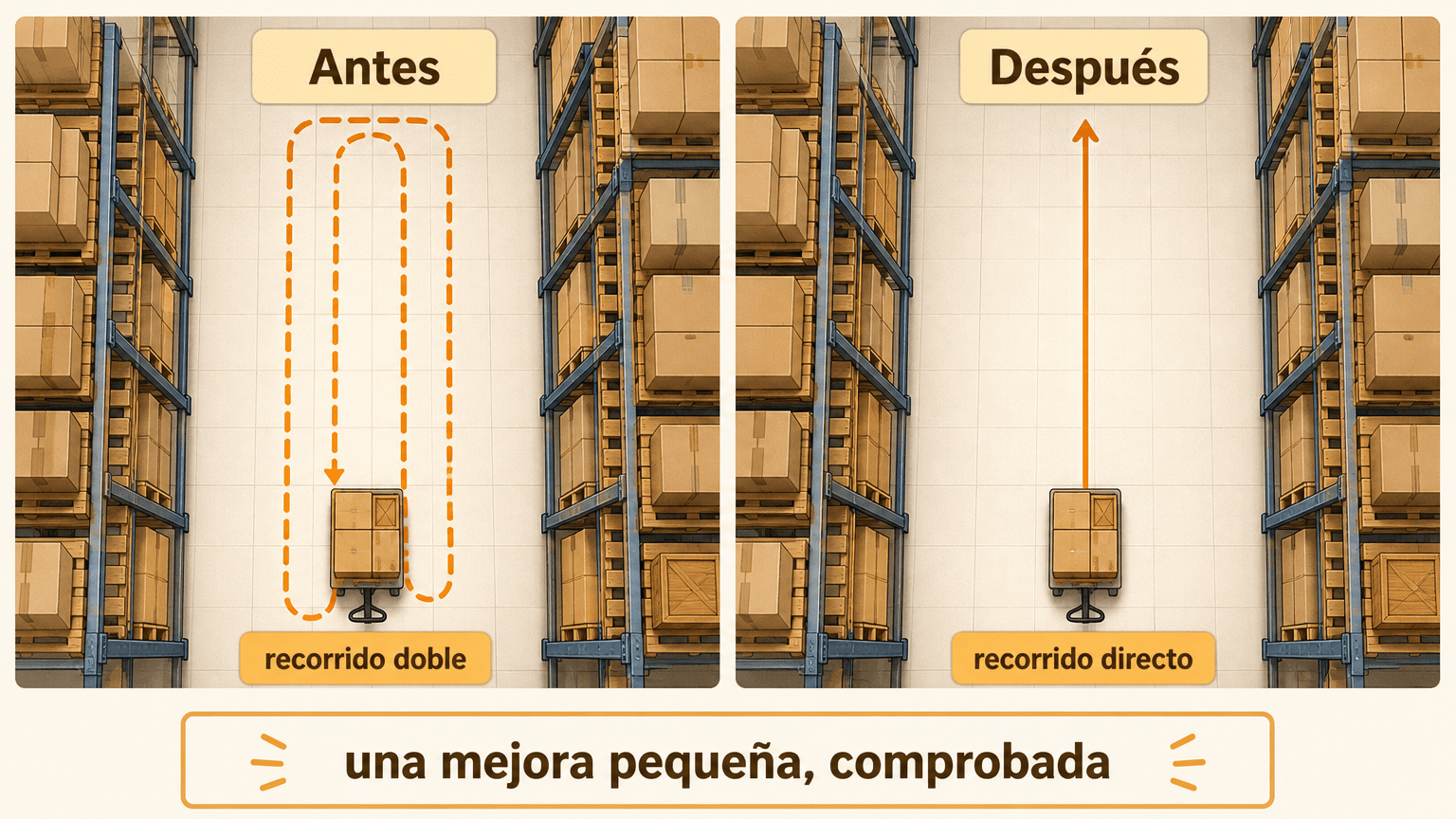 Ilustración didáctica en dos paneles que compara el recorrido de recogida de un pedido antes y después de una mejora: dos vueltas al pasillo frente a una sola pasada, sin cifras.
