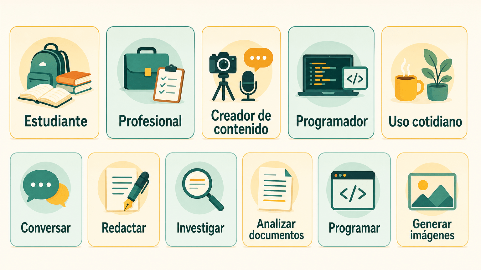 Ilustración didáctica con cinco perfiles de usuario (estudiante, profesional, creador de contenido, programador y uso cotidiano) y seis capacidades que conviene comparar (conversar, redactar, investigar, analizar documentos, programar y generar imágenes).