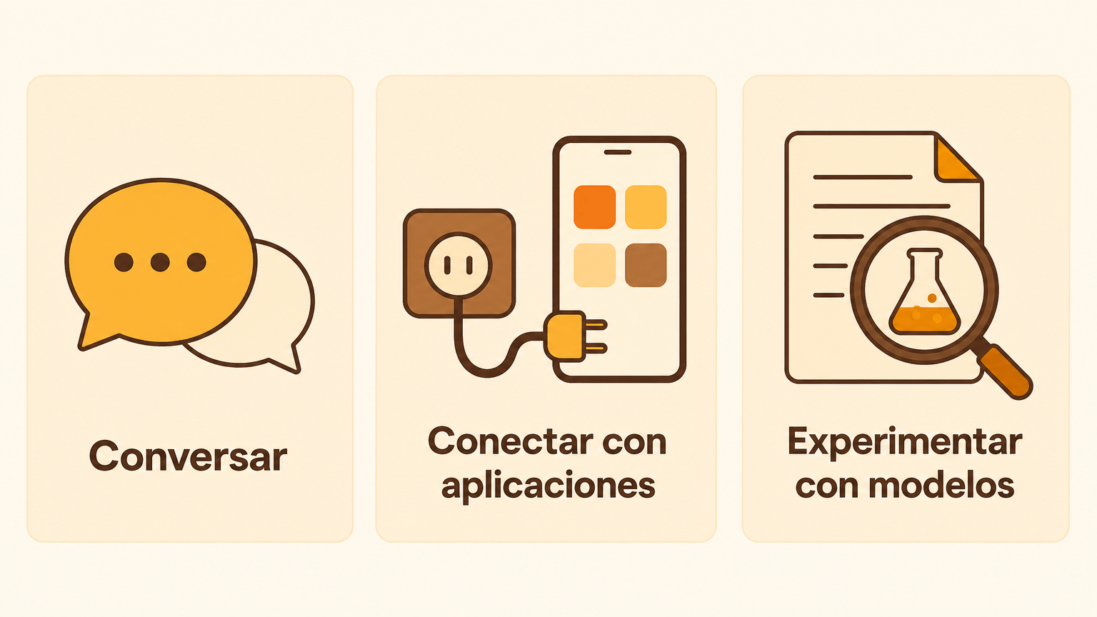 Ilustración didáctica con tres tarjetas de uso: «Conversar», «Conectar con aplicaciones» y «Experimentar con modelos», sin marcar ganadores.
