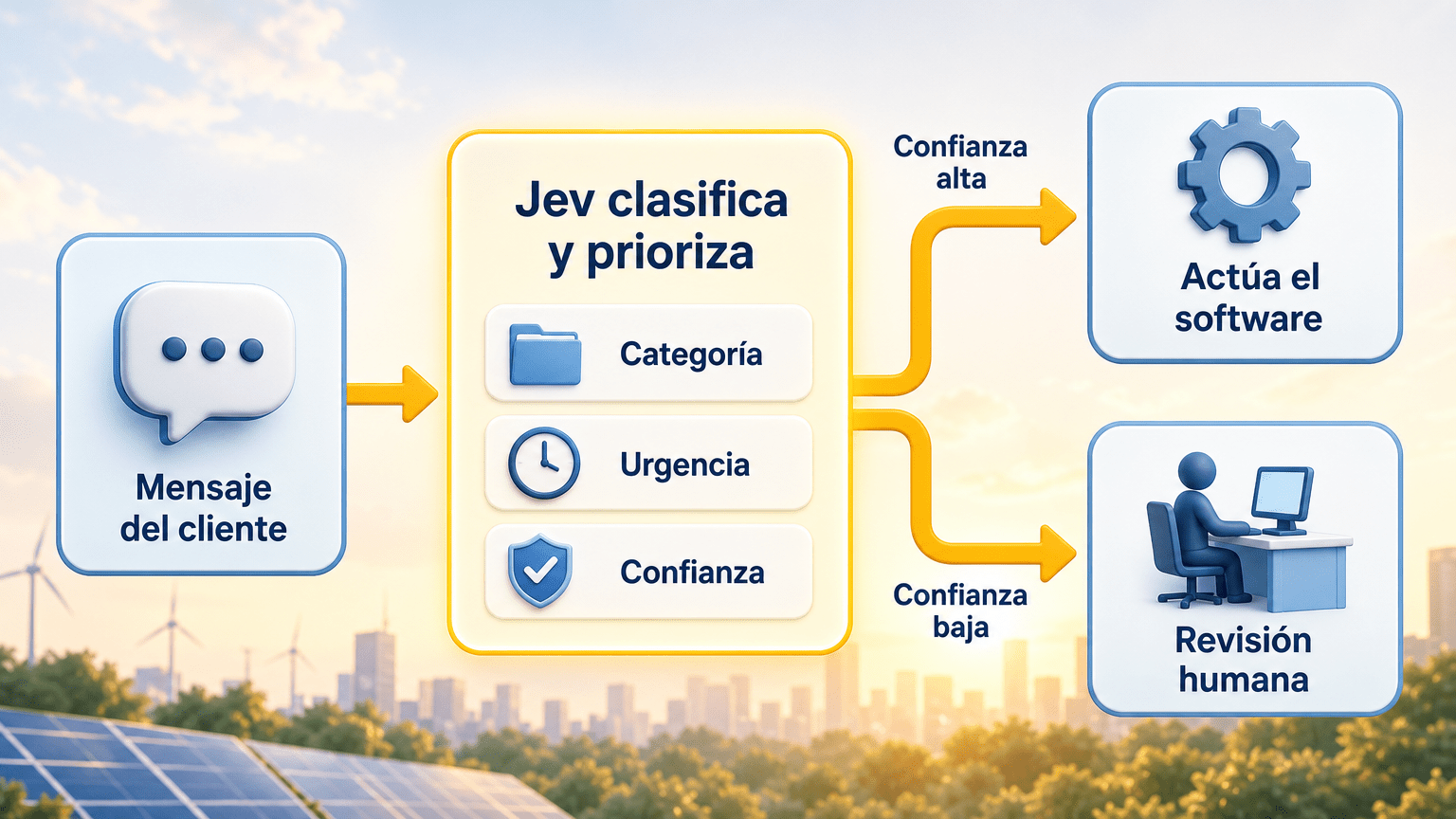 Flujo de un mensaje de cliente que Jev clasifica y prioriza, tras el cual el software actúa solo o lo envía a revisión humana.