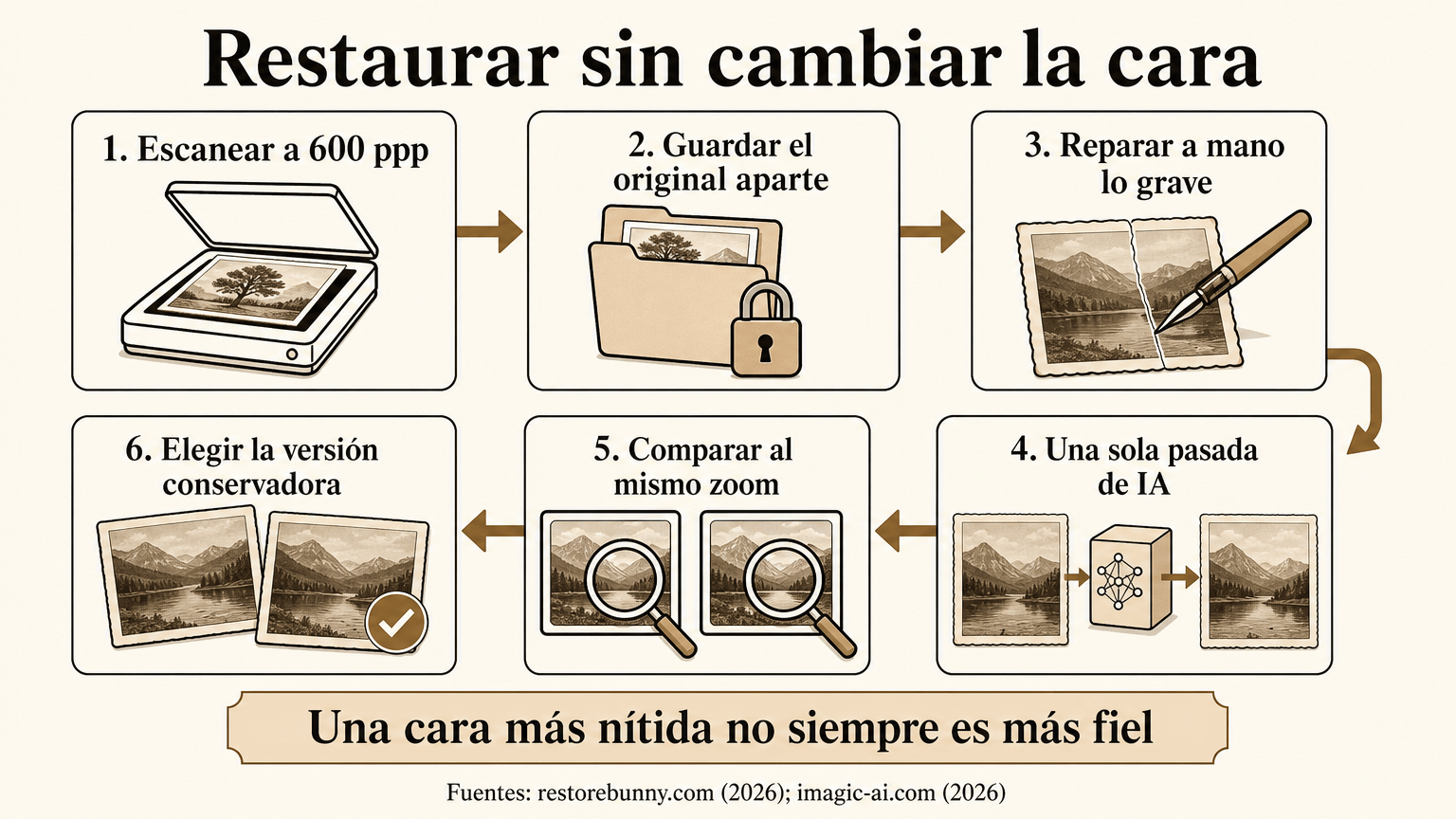 Flujo de seis pasos para restaurar una foto conservando el original: escanear a 600 ppp, guardar el original, reparar a mano lo grave, una sola pasada de IA, comparar al mismo zoom y elegir la versión conservadora.