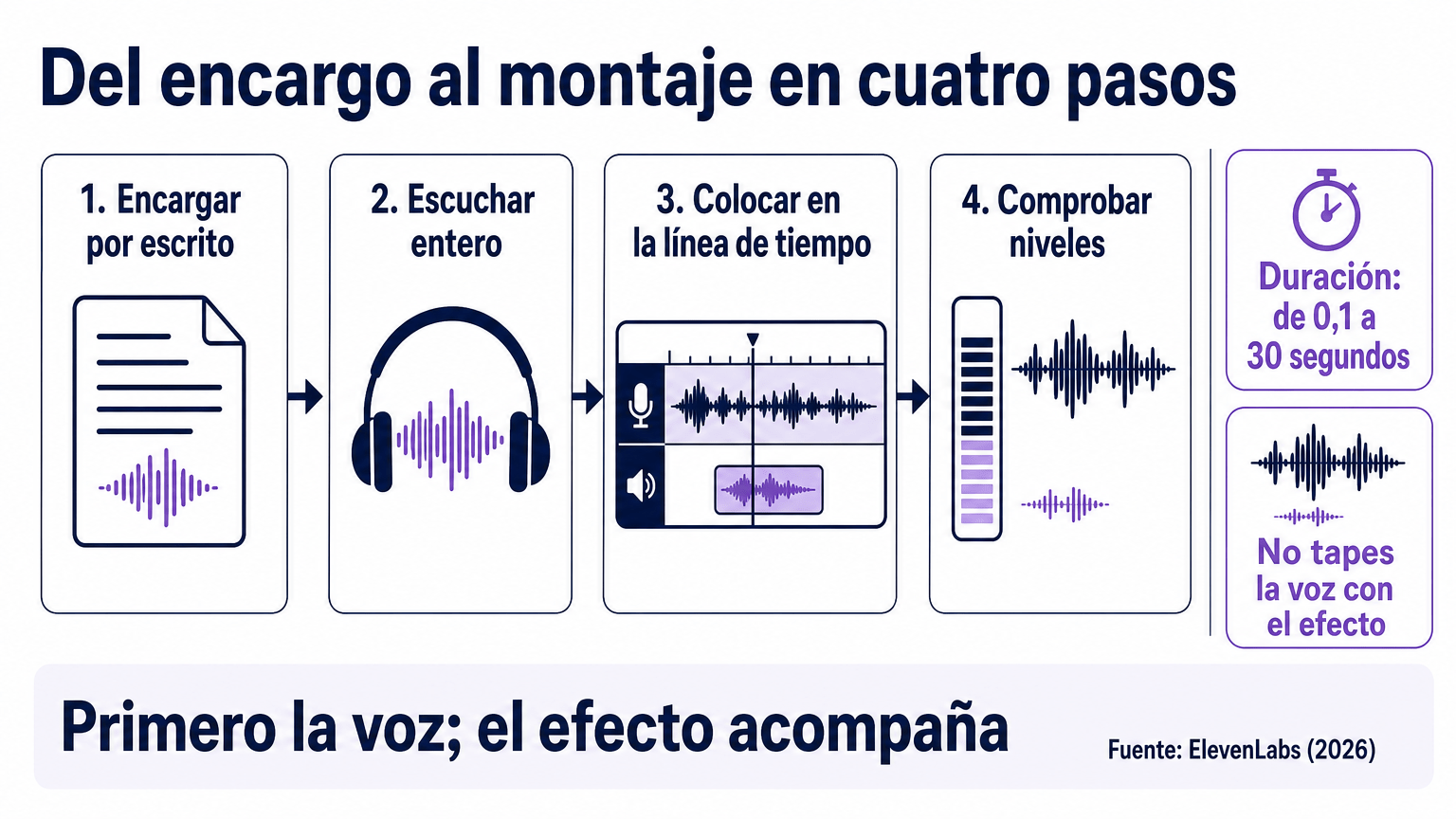 Flujo de cuatro pasos del encargo al montaje: encargar por escrito, escuchar entero, colocar en la línea de tiempo y comprobar niveles, con los avisos de duración de 0,1 a 30 segundos y de no tapar la voz.