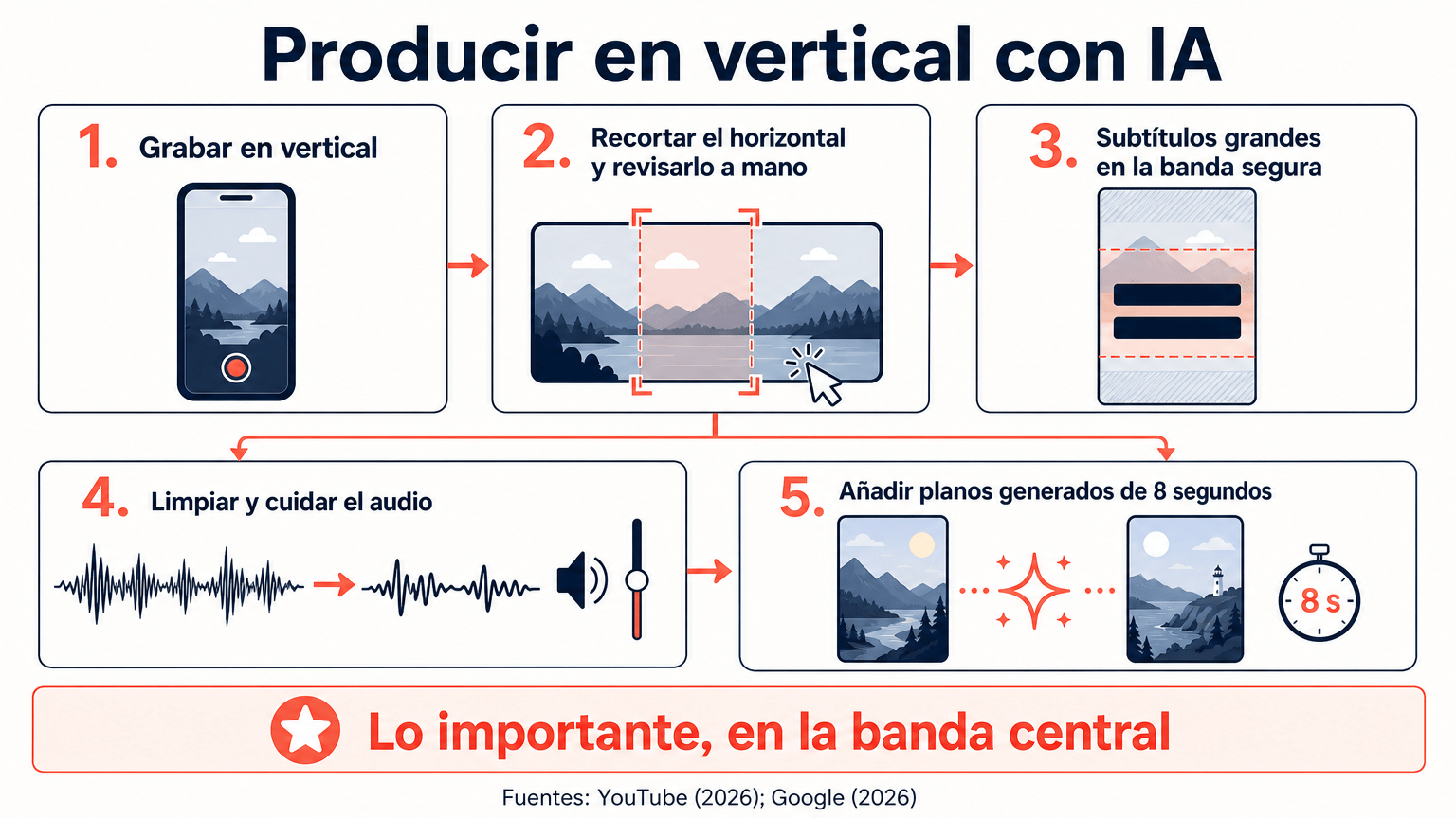 Flujo de cinco pasos para producir en vertical con IA: grabar en vertical, recortar el horizontal revisándolo a mano, subtítulos grandes en la banda segura, limpiar el audio y añadir planos generados de 8 segundos.