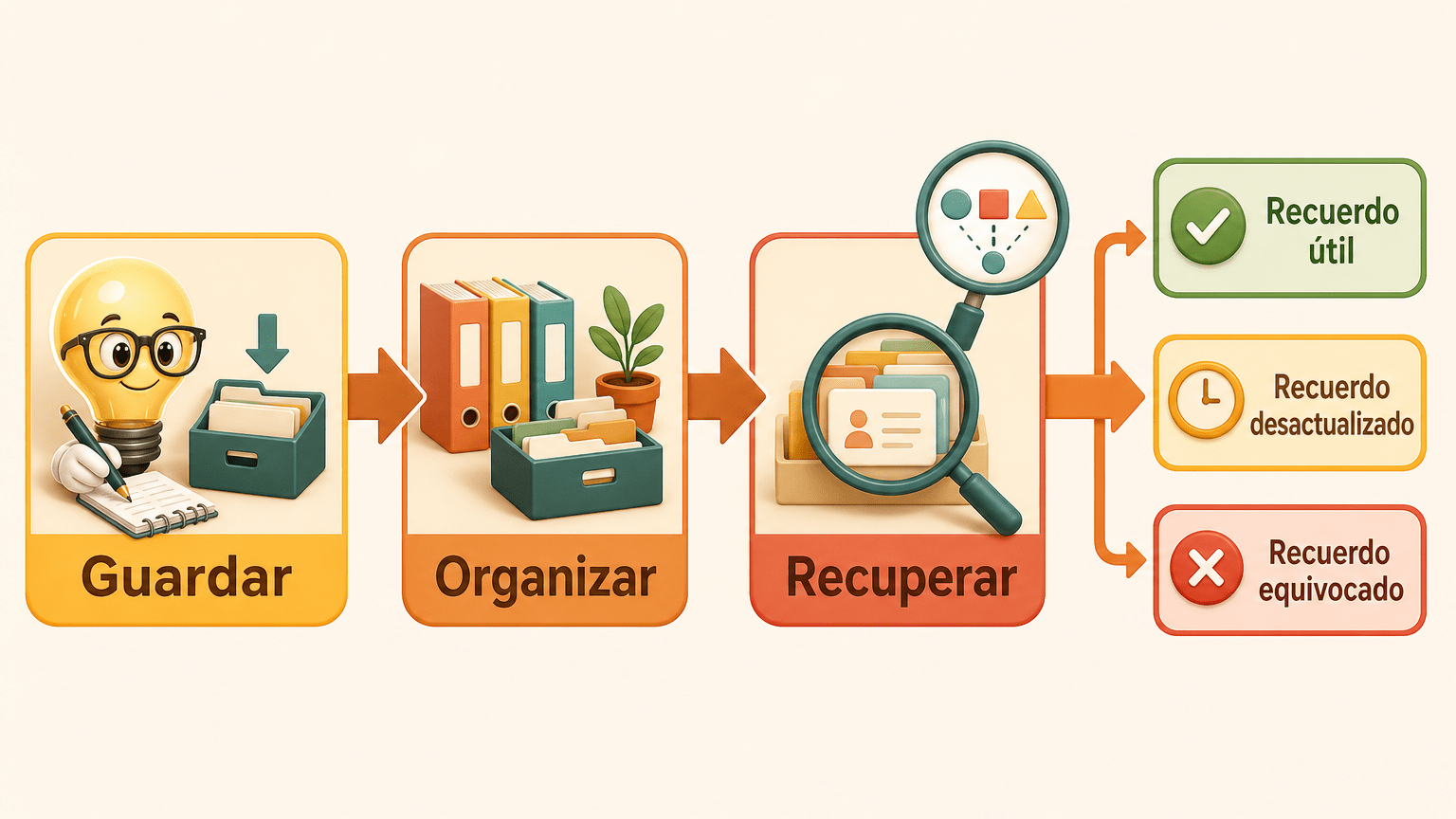 Flujo de la memoria de un agente: guardar un recuerdo, organizarlo, recuperar el más relevante para la tarea y descartar un recuerdo desactualizado o equivocado.