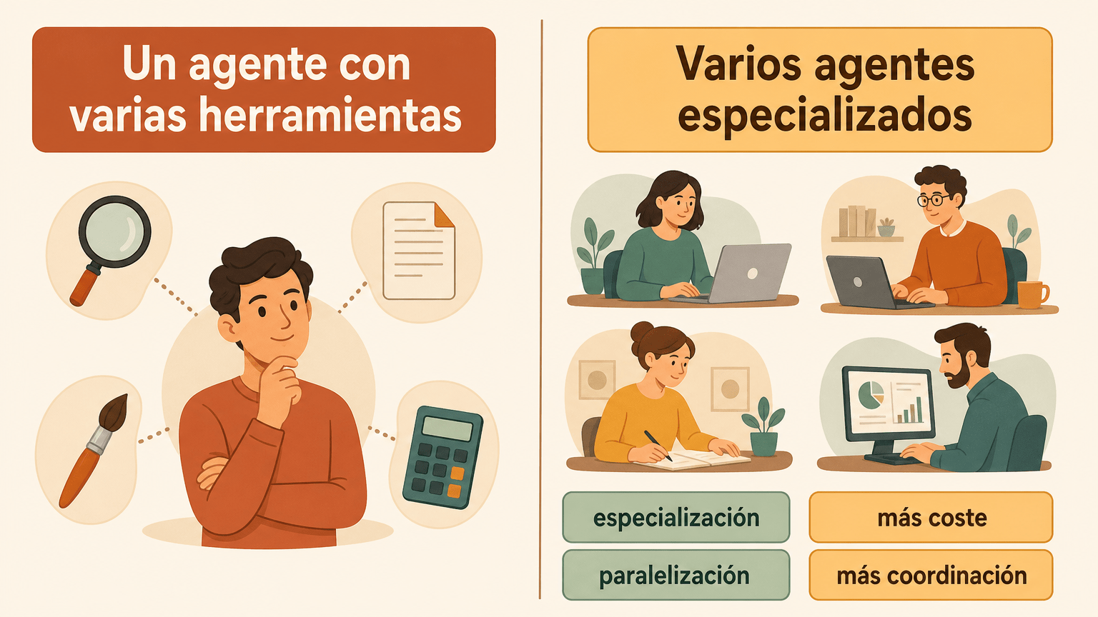 Comparación didáctica: a la izquierda, un solo agente con varias herramientas; a la derecha, varios agentes especializados, con sus ventajas (especialización y paralelización) y sus costes (más gasto y más coordinación).