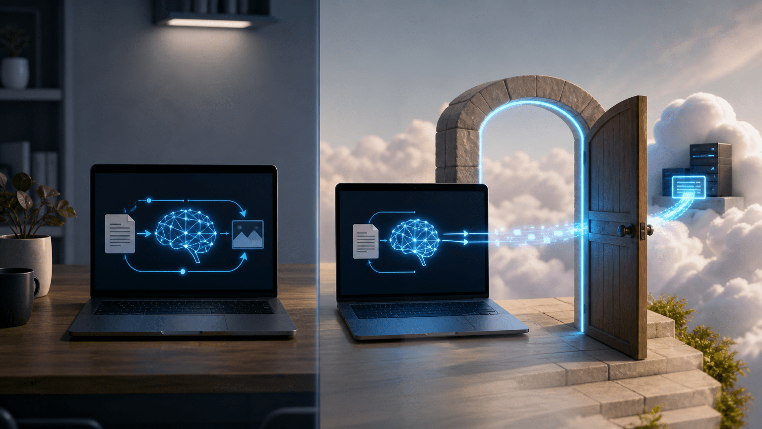 Comparación entre una tarea procesada sin Internet dentro del ordenador y una aplicación local que cruza una puerta hacia un servicio externo en la nube.
