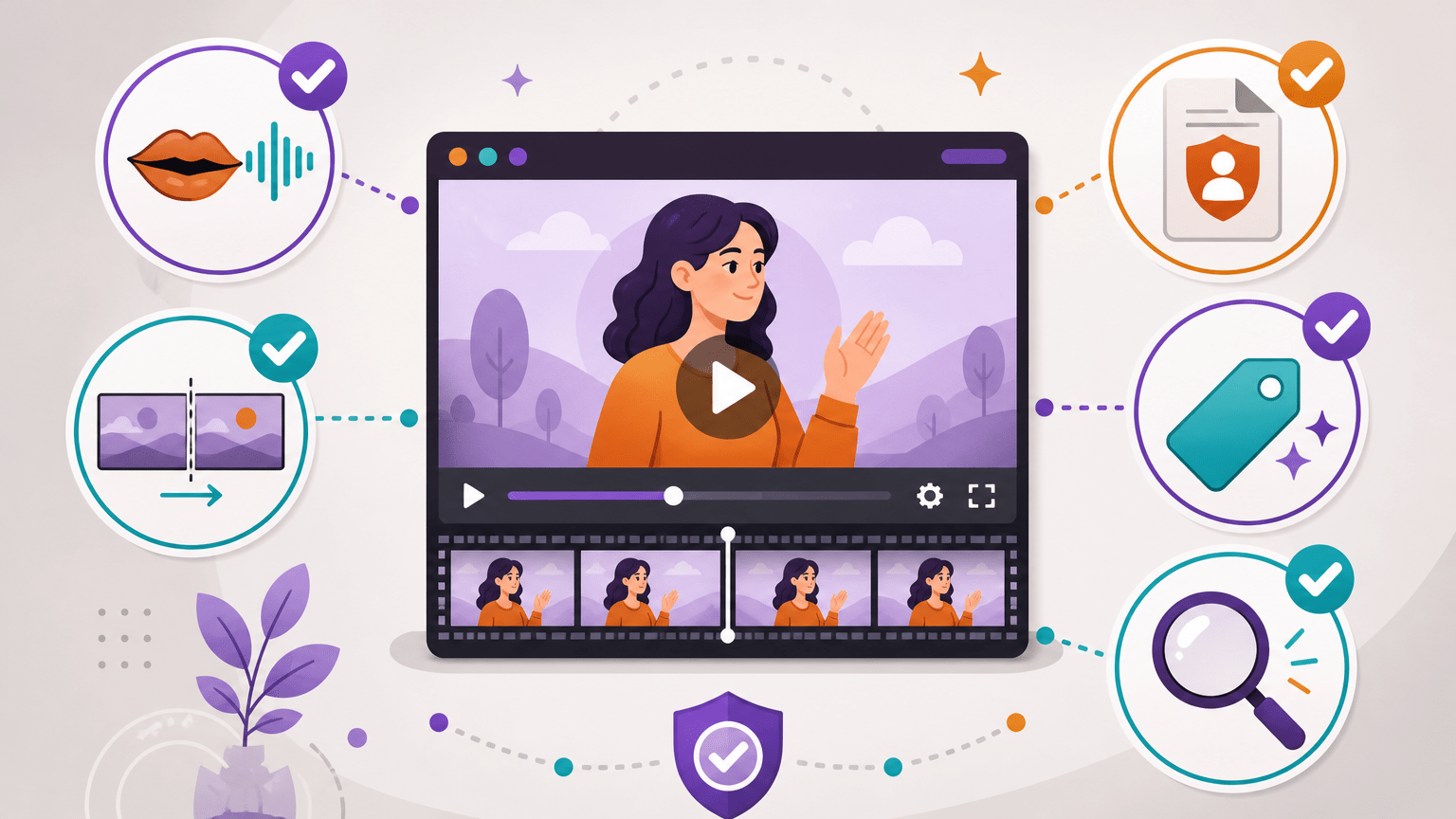 Lista visual de control para un vídeo de IA: hechos, pronunciación, continuidad, derechos y divulgación, sin texto integrado.