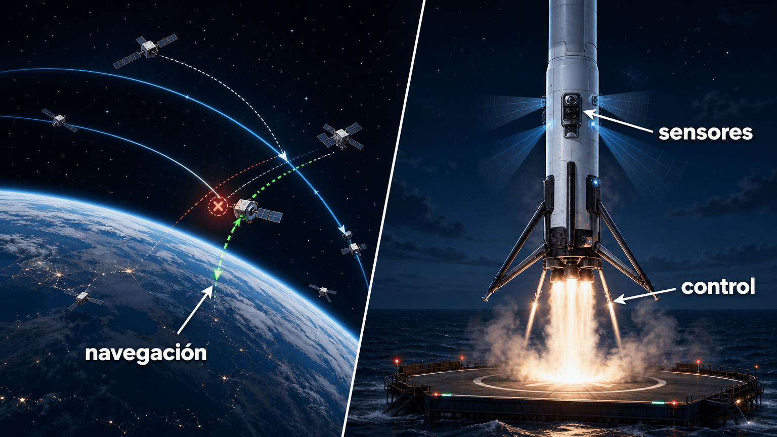 Ilustración educativa de una constelación de satélites evitando una conjunción y un cohete reutilizable descendiendo con sensores, navegación y control; la autonomía no implica conciencia.