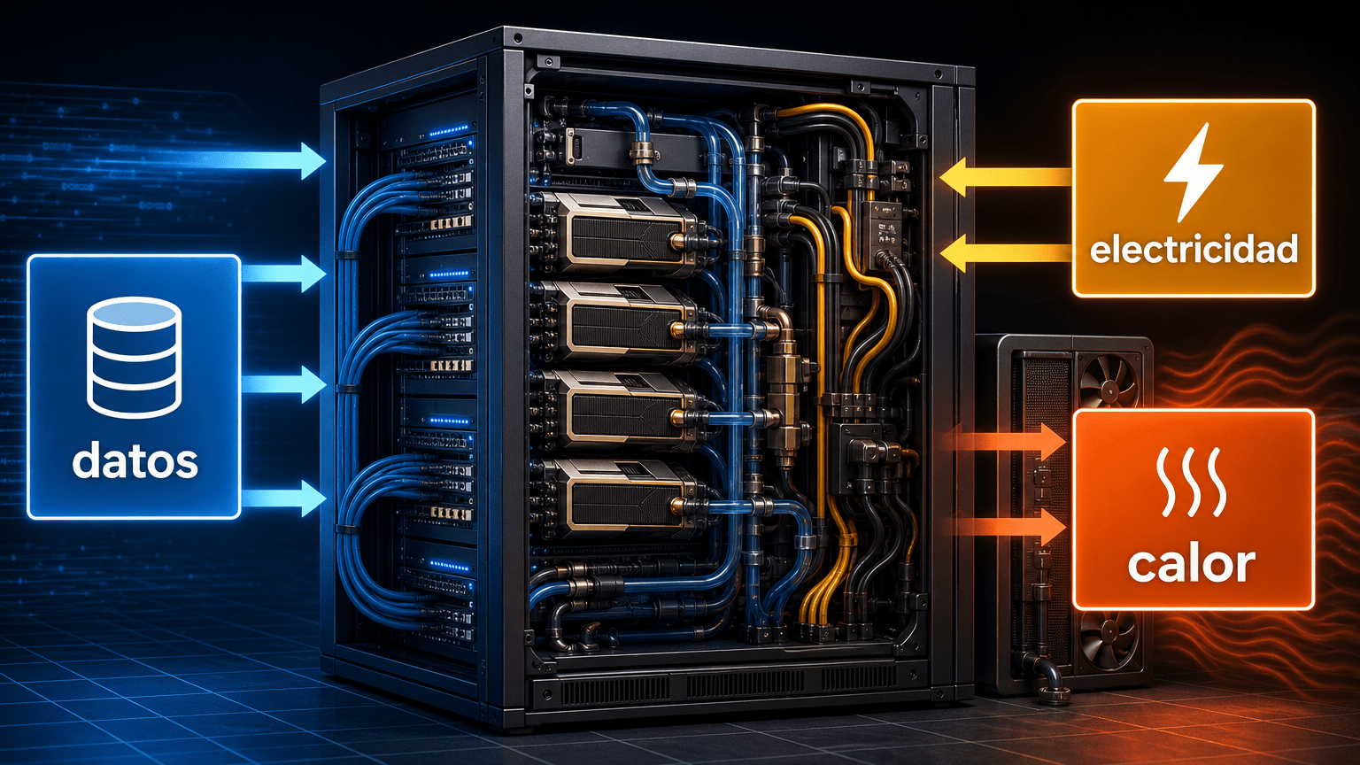 Ilustración editorial de un rack de IA con aceleradores interconectados, refrigeración líquida y flujos separados de datos, electricidad y calor.