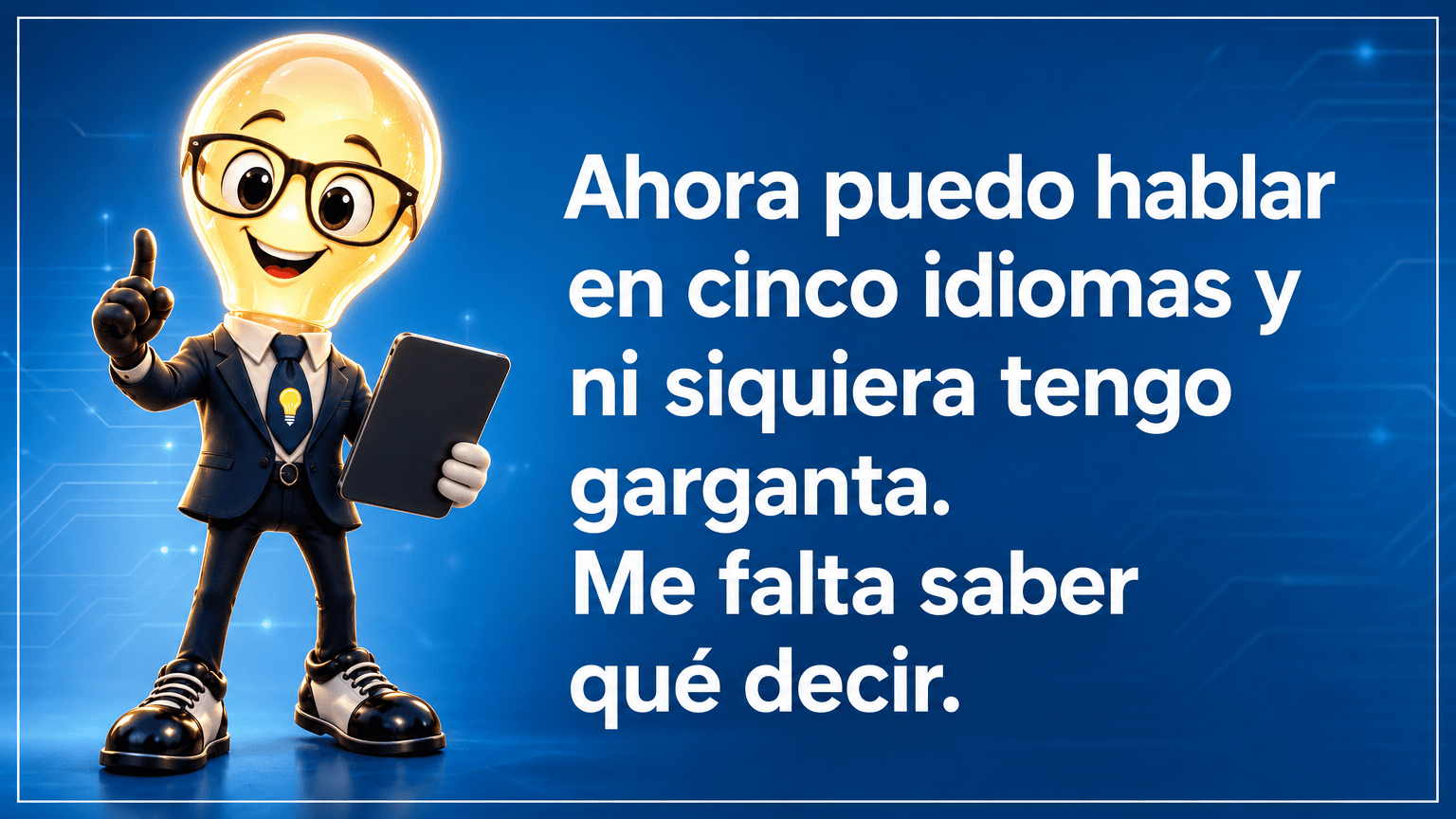 Tarjeta horizontal del Señor Idea, con cabeza de bombilla luminosa, gafas negras grandes, traje azul marino y corbata con bombilla, junto al texto «Ahora puedo hablar en cinco idiomas y ni siquiera tengo garganta. Me falta saber qué decir.»
