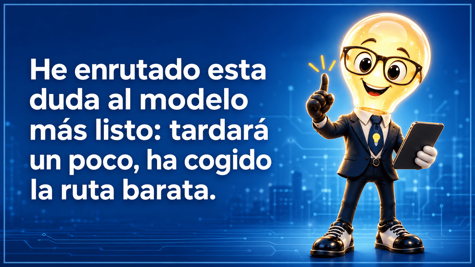 Tarjeta horizontal del Señor Idea, con cabeza de bombilla luminosa, gafas negras grandes, traje azul marino y corbata con bombilla, junto al texto «He enrutado esta duda al modelo más listo: tardará un poco, ha cogido la ruta barata.»