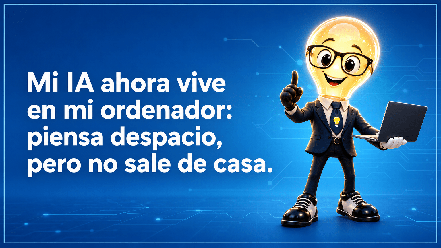 Tarjeta horizontal del Señor Idea, con cabeza de bombilla luminosa, gafas negras grandes, traje azul marino y corbata con bombilla, junto al texto «Mi IA ahora vive en mi ordenador: piensa despacio, pero no sale de casa.»