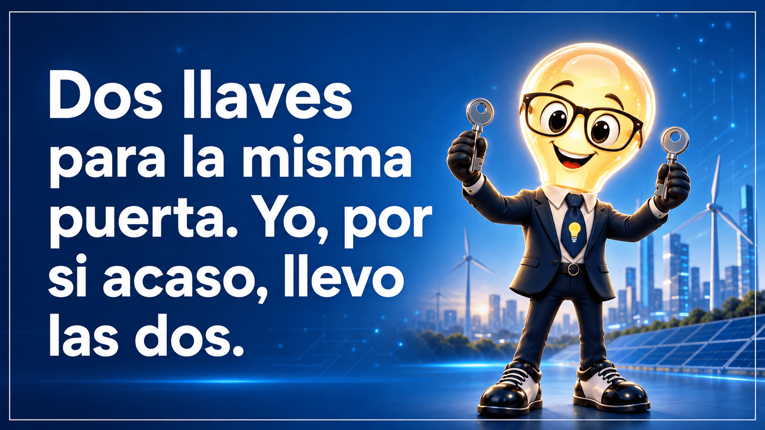 Tarjeta horizontal del Señor Idea, con cabeza de bombilla luminosa, gafas negras grandes, traje azul marino y corbata con bombilla, junto al texto «Dos llaves para la misma puerta. Yo, por si acaso, llevo las dos.»