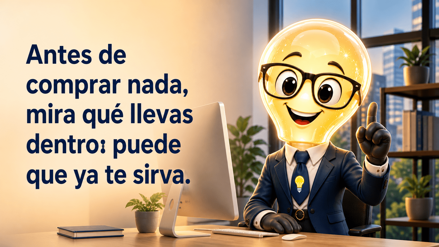 Tarjeta horizontal del Señor Idea, con cabeza de bombilla luminosa, gafas negras grandes, traje azul marino y corbata con bombilla, junto al texto «Antes de comprar nada, mira qué llevas dentro: puede que ya te sirva.»