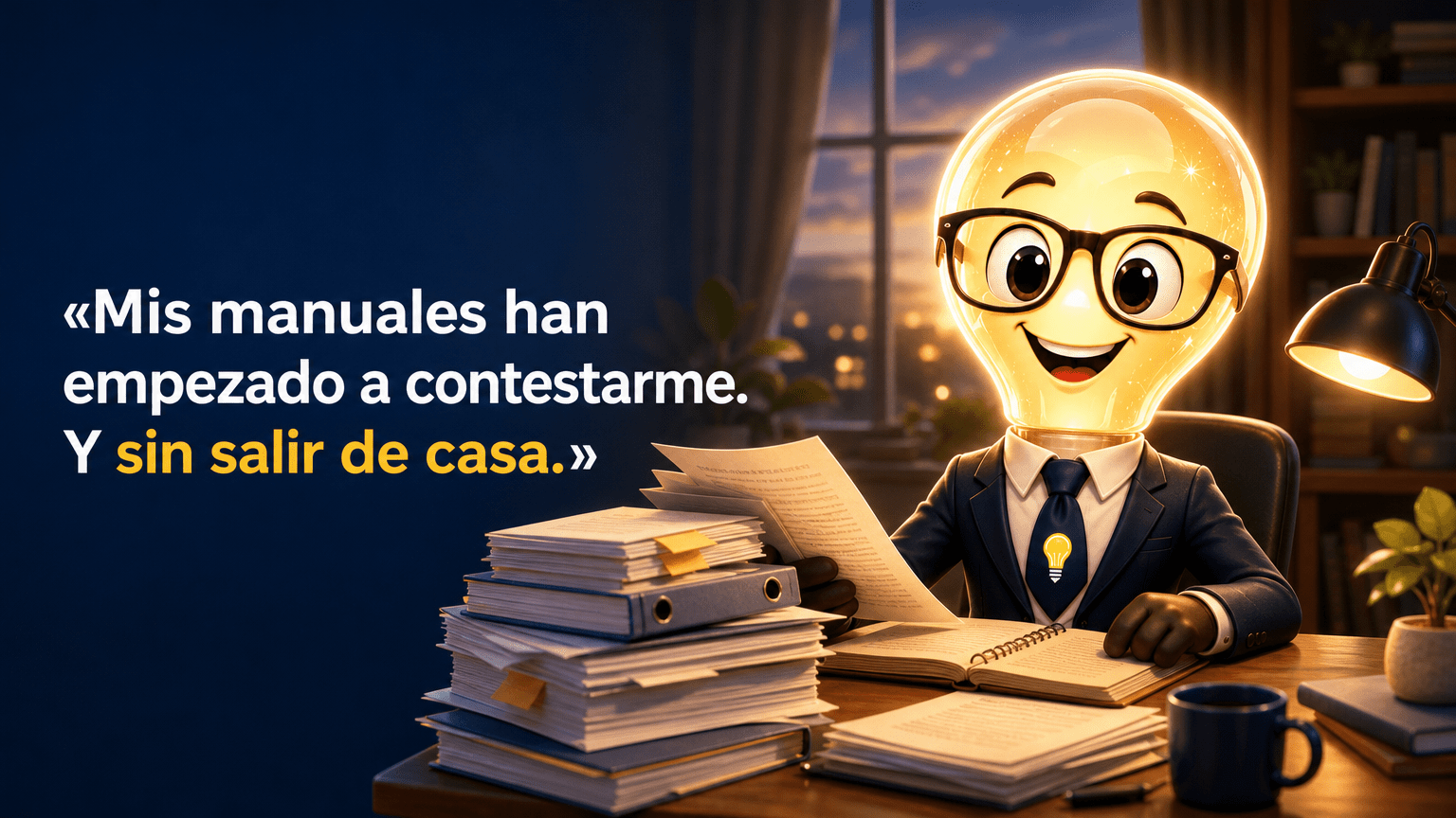 Tarjeta horizontal del Señor Idea, con cabeza de bombilla luminosa, gafas negras grandes, traje azul marino y corbata con bombilla, junto al texto «Mis manuales han empezado a contestarme. Y sin salir de casa.»