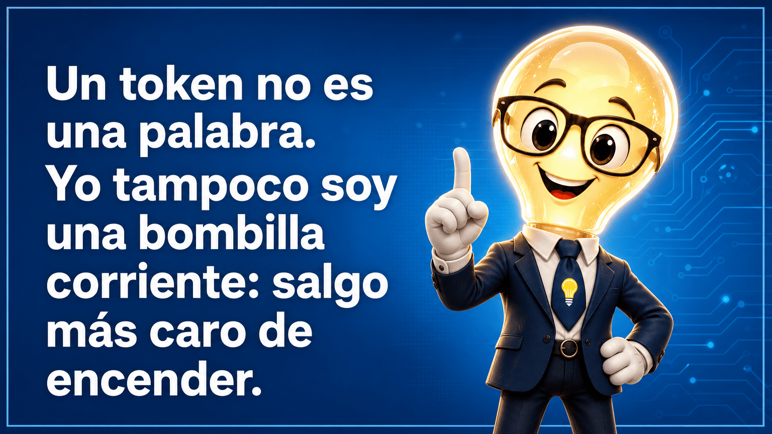 Tarjeta horizontal del Señor Idea, con cabeza de bombilla luminosa, gafas negras grandes, traje azul marino y corbata con bombilla, junto a la frase «Un token no es una palabra. Yo tampoco soy una bombilla corriente: salgo más caro de encender.»