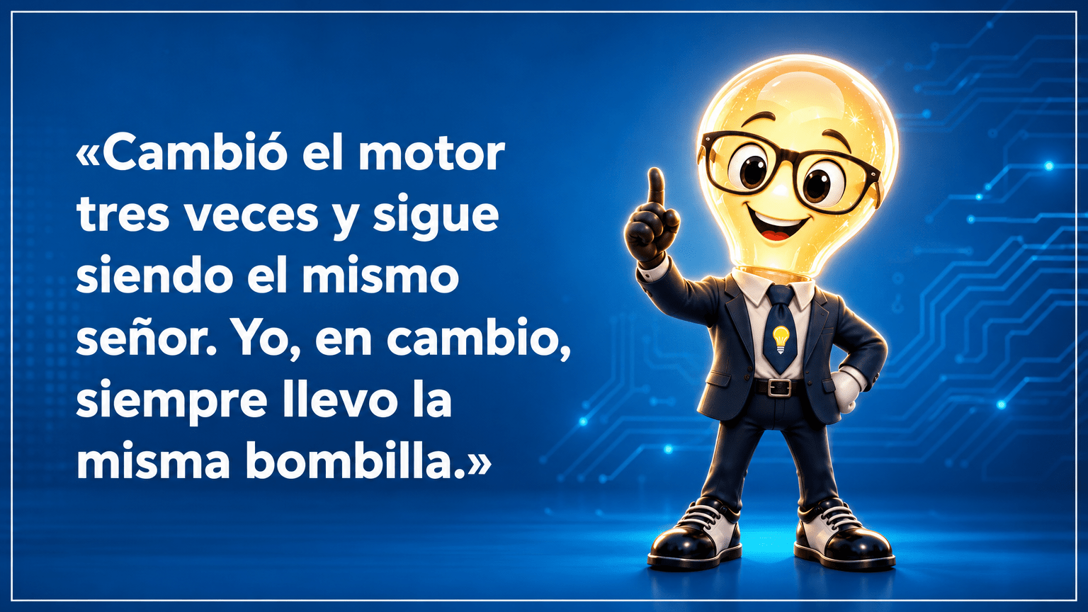 Tarjeta horizontal del Señor Idea, con cabeza de bombilla luminosa, gafas negras grandes, traje azul marino y corbata con bombilla, junto al texto «Cambió el motor tres veces y sigue siendo el mismo señor. Yo, en cambio, siempre llevo la misma bombilla.»