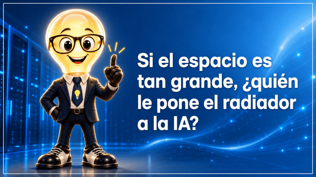 Tarjeta horizontal del Señor Idea, con cabeza de bombilla, gafas negras grandes y traje azul marino, sobre un fondo azul tecnológico, junto al texto «Si el espacio es tan grande, ¿quién le pone el radiador a la IA?».