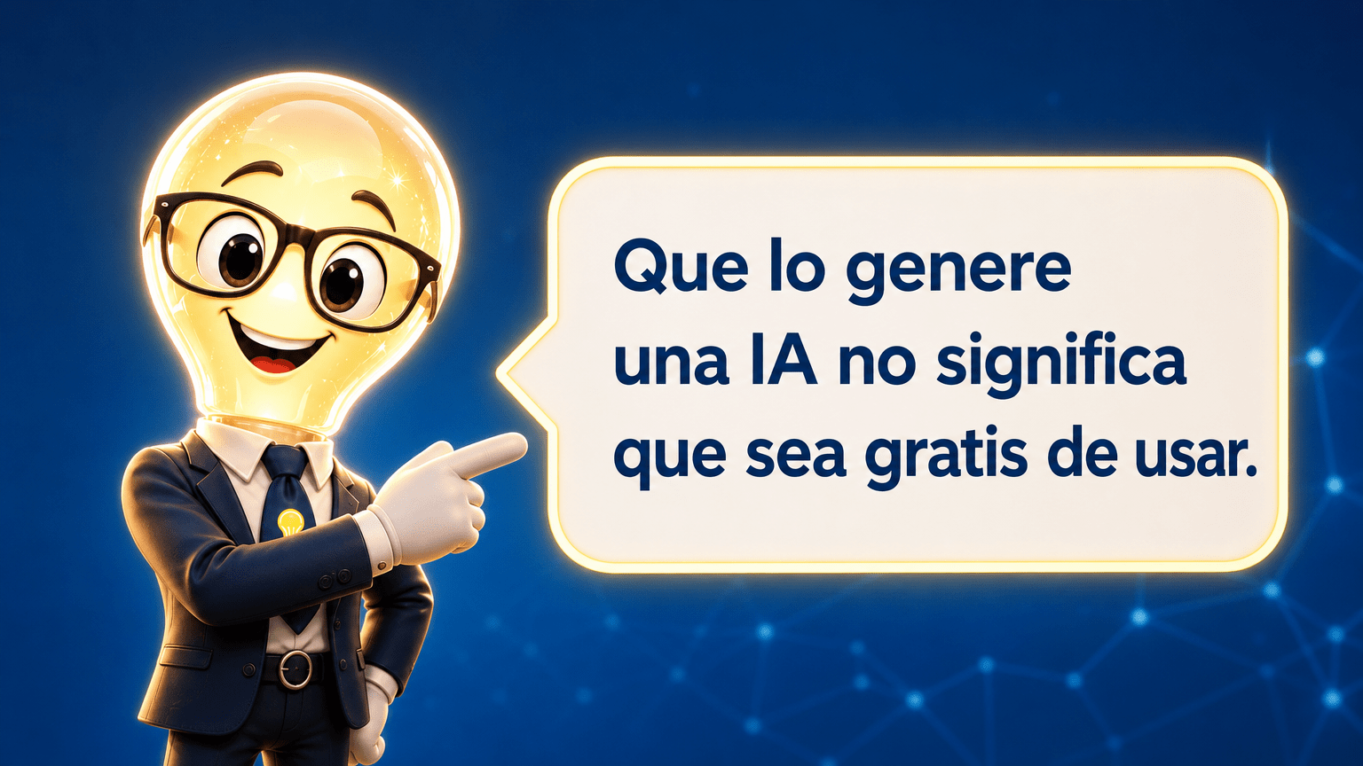 Tarjeta horizontal del Señor Idea, personaje de LedSolEo, con la intervención: “Que lo genere una IA no significa que sea gratis de usar.”
