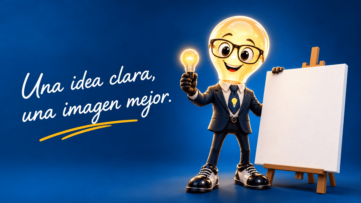 Tarjeta horizontal del Señor Idea sosteniendo una bombilla junto a un lienzo en blanco, con el texto integrado «Una idea clara, una imagen mejor.»