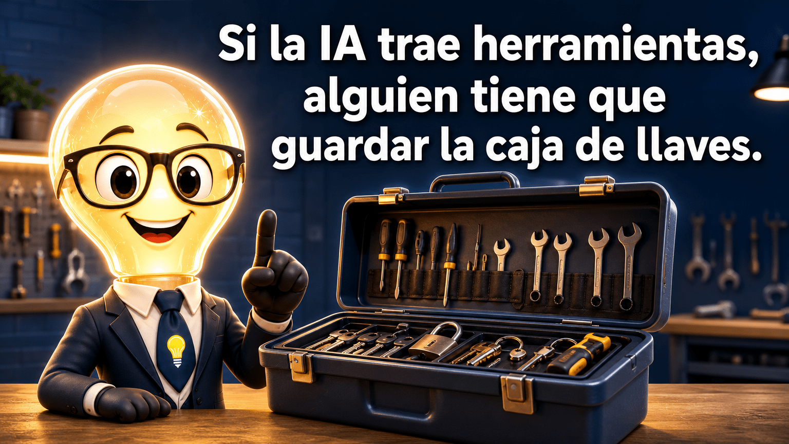Tarjeta horizontal del Señor Idea con cabeza de bombilla luminosa, gafas negras grandes, traje azul marino y corbata con bombilla, junto al texto «Si la IA trae herramientas, alguien tiene que guardar la caja de llaves.».