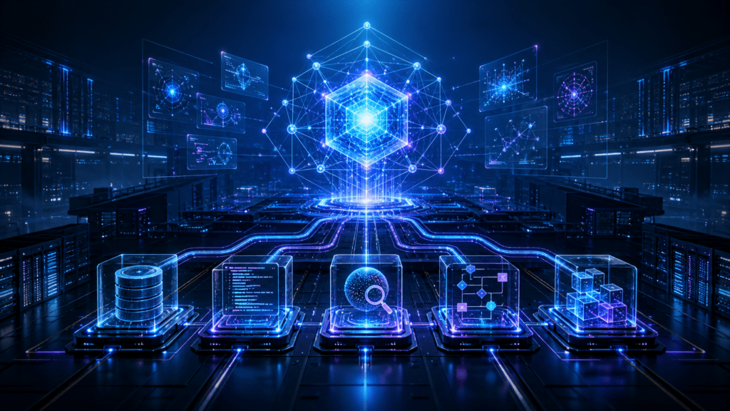 Ilustración futurista de un centro de datos con redes luminosas, chips y un sistema de IA que conecta herramientas y acciones