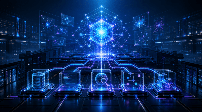 Agentes de IA: qué son, cómo actúan y en qué se diferencian de un chatbot Ilustración futurista de un centro de datos con redes luminosas, chips y un sistema de IA que conecta herramientas y acciones