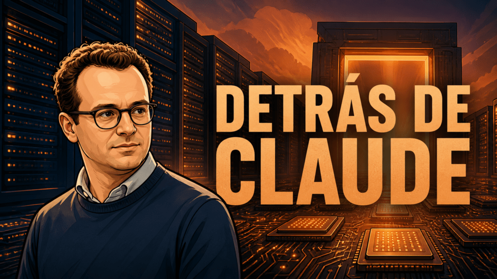 Caricatura editorial reconocible de Dario Amodei delante de servidores y chips de inteligencia artificial, con el texto «DETRÁS DE CLAUDE»; ilustración, no fotografía real de un centro de datos.