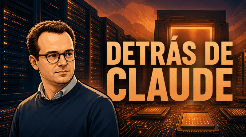 Qué hay detrás de Claude: la infraestructura que hace posible la IA de Anthropic Caricatura editorial reconocible de Dario Amodei delante de servidores y chips de inteligencia artificial, con el texto «DETRÁS DE CLAUDE»; ilustración, no fotografía real de un centro de datos.