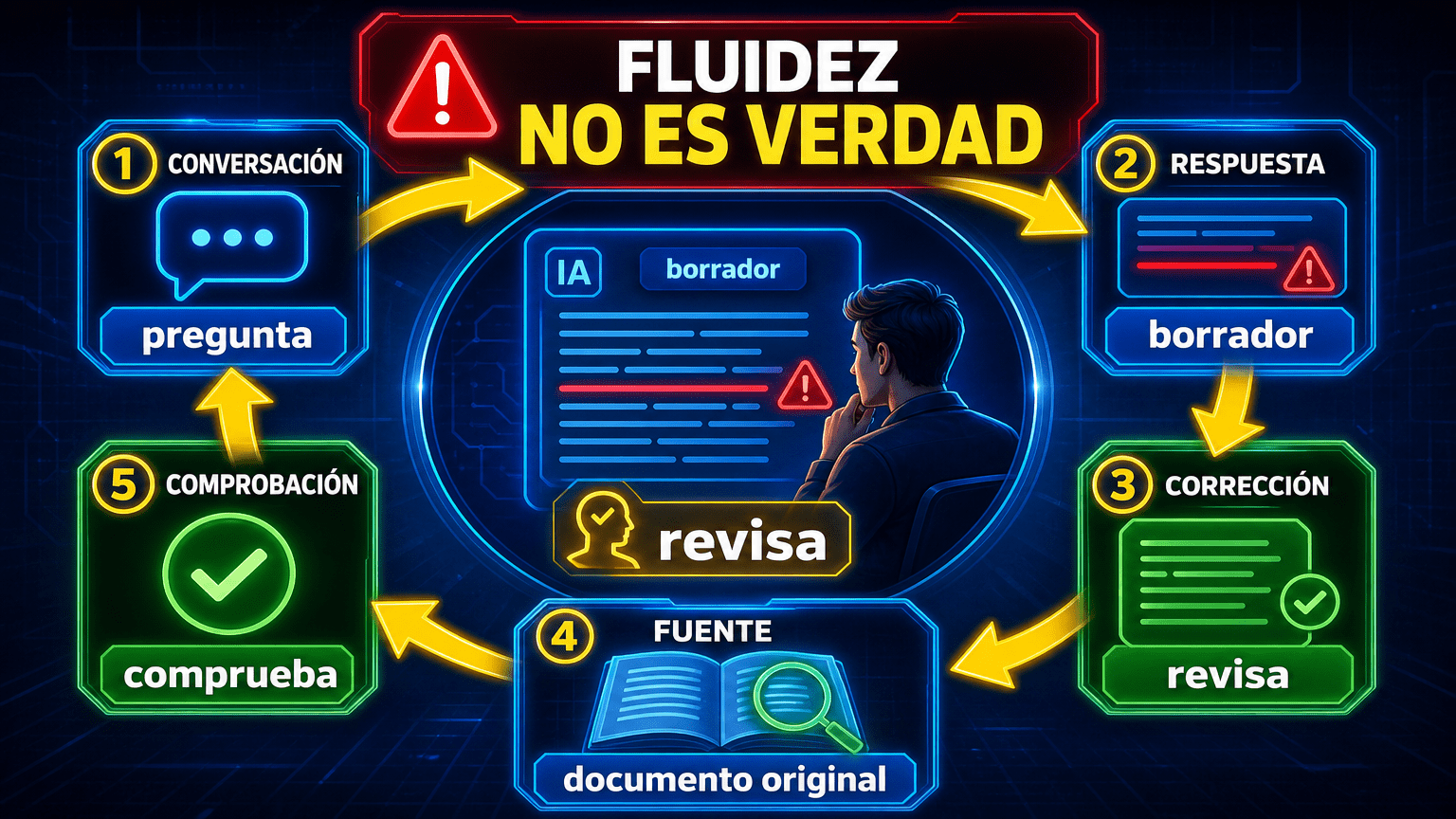 Infografía futurista que muestra el ciclo conversación, respuesta, corrección, fuente y comprobación, con una persona revisando una respuesta de IA y la advertencia «Fluidez no es verdad».