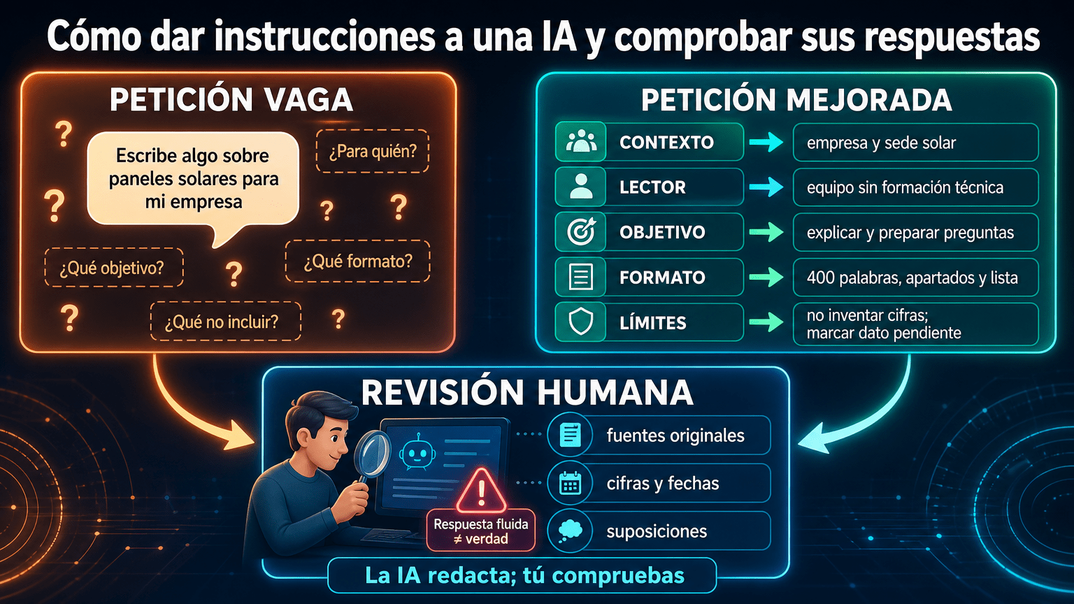 Ilustración comparativa sobre cómo mejorar las instrucciones para una IA: una tarjeta muestra una petición vaga sobre paneles solares y otra organiza contexto, lector, objetivo, formato y límites; ambas conducen a una revisión humana de fuentes, cifras, fechas y suposiciones.