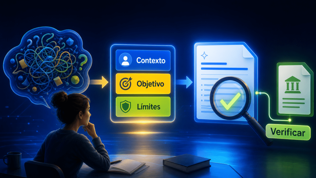 Ilustración futurista en la que una petición vaga se convierte en una instrucción estructurada con contexto, objetivo y límites; después, la respuesta de la IA se revisa con una lupa y se contrasta con una fuente original.