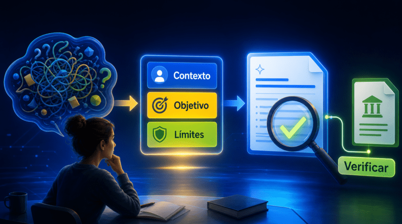 Cómo dar instrucciones a una IA y comprobar sus respuestas Ilustración futurista en la que una petición vaga se convierte en una instrucción estructurada con contexto, objetivo y límites; después, la respuesta de la IA se revisa con una lupa y se contrasta con una fuente original.