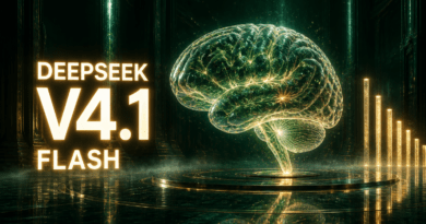 DeepSeek V4.1 Flash: el modelo chino que compite por precio (y por qué importa) Portada del artículo: un cerebro colosal de luz verde esmeralda y oro, suspendido sobre una plataforma circular en un salón futurista, con barras de luz descendentes y la columna tipográfica «DEEPSEEK / V4.1 / FLASH».