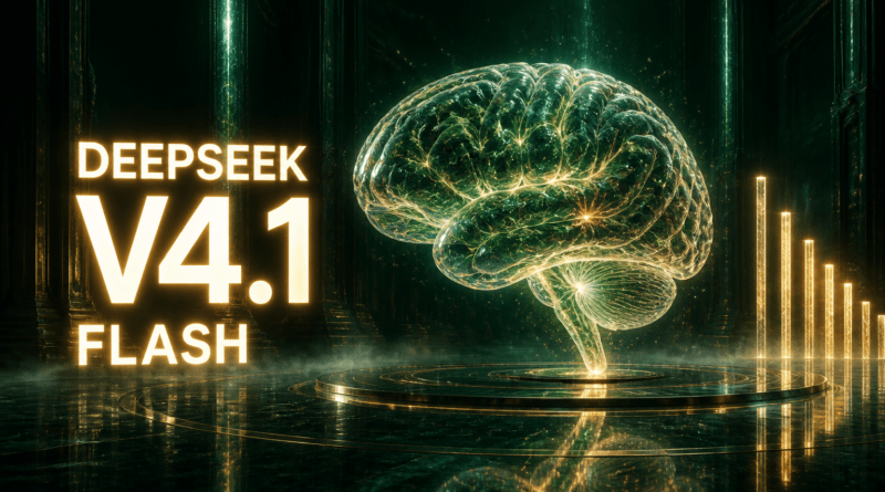Portada del artículo: un cerebro colosal de luz verde esmeralda y oro, suspendido sobre una plataforma circular en un salón futurista, con barras de luz descendentes y la columna tipográfica «DEEPSEEK / V4.1 / FLASH».