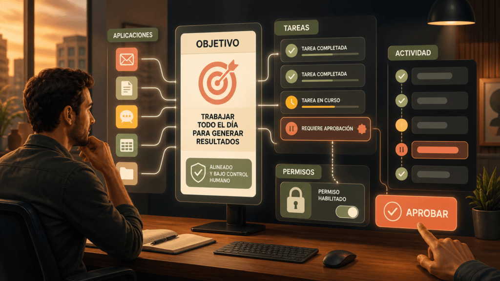 Persona supervisando un agente de IA que trabaja en segundo plano con aplicaciones conectadas, tareas y registro de actividad.