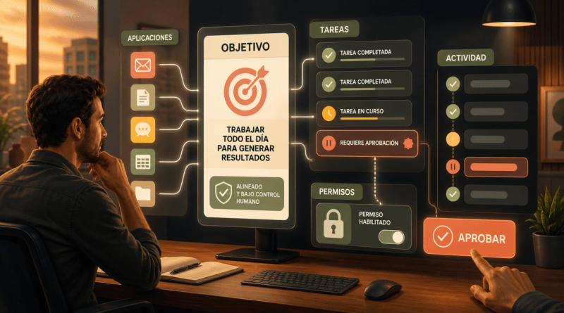 De asistente a trabajador permanente: qué cambia cuando los agentes operan todo el día Persona supervisando un agente de IA que trabaja en segundo plano con aplicaciones conectadas, tareas y registro de actividad.