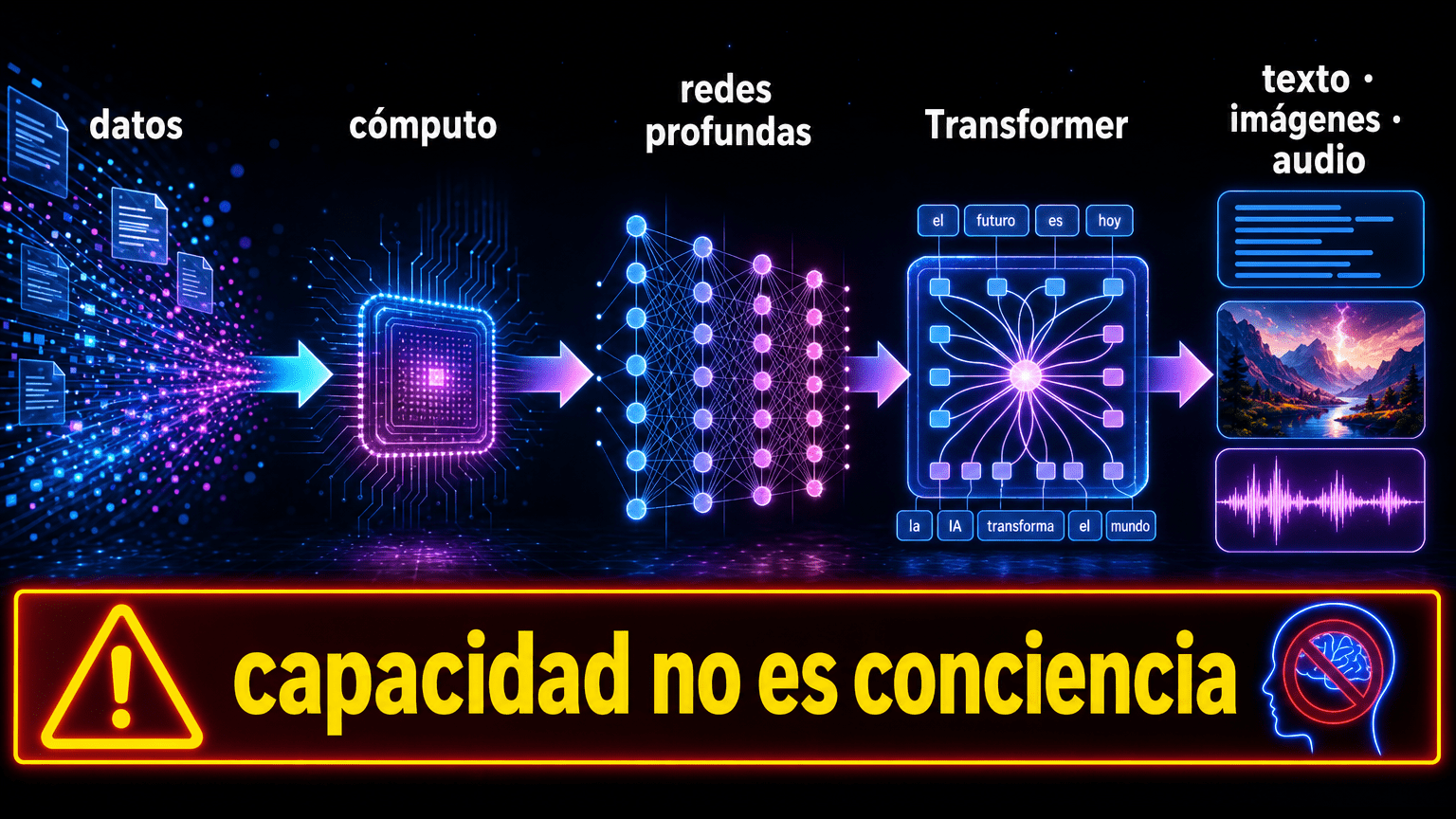 Infografía futurista que muestra datos, cómputo, redes profundas y Transformer hasta la generación de texto, imágenes y audio, con la advertencia capacidad no es conciencia.