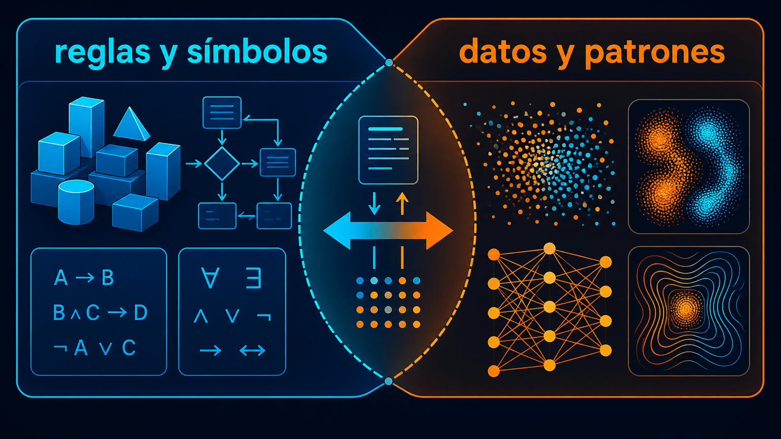 Ilustración educativa que contrasta los sistemas basados en reglas y símbolos con el aprendizaje a partir de datos y patrones.