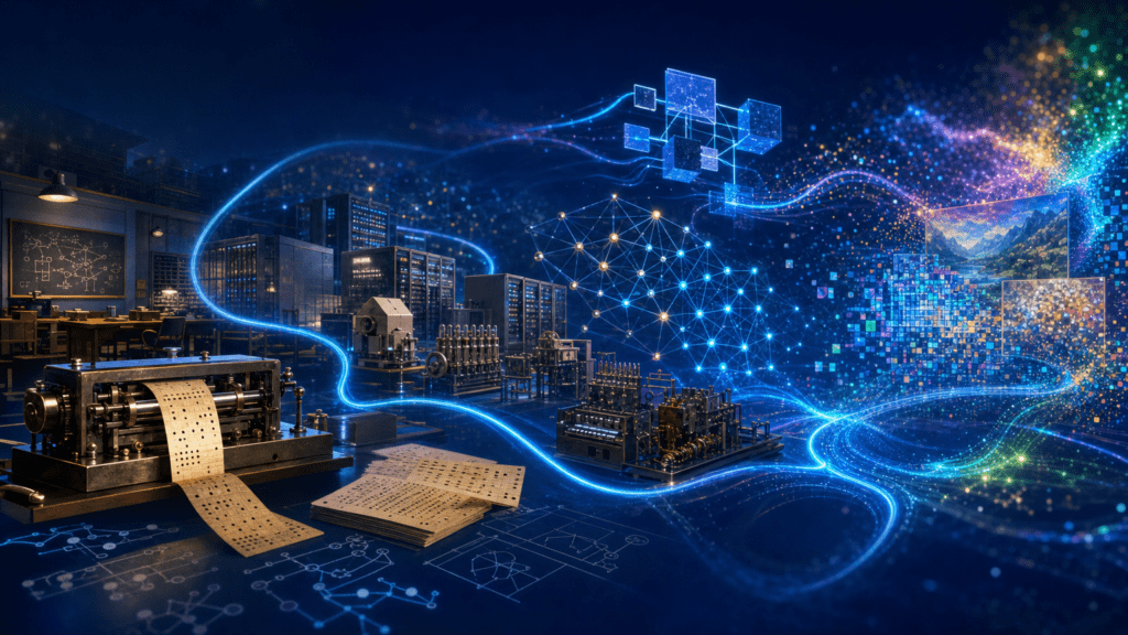 Portada futurista de la historia de la inteligencia artificial, con una línea temporal no lineal que conecta una máquina de Turing, primeras máquinas, redes neuronales profundas, Transformer y generación de texto e imágenes.
