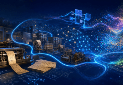 Historia de la inteligencia artificial: del nacimiento de una idea a la IA generativa Portada futurista de la historia de la inteligencia artificial, con una línea temporal no lineal que conecta una máquina de Turing, primeras máquinas, redes neuronales profundas, Transformer y generación de texto e imágenes.